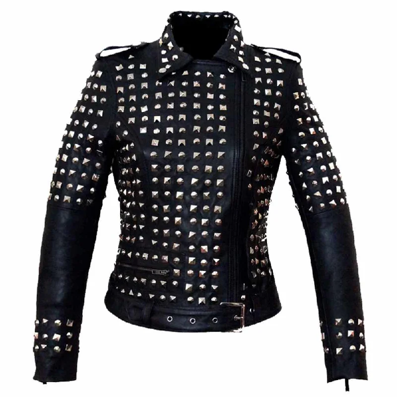 men's outdoor jackets -Punk Women Studded Biker Black Leather Jacket