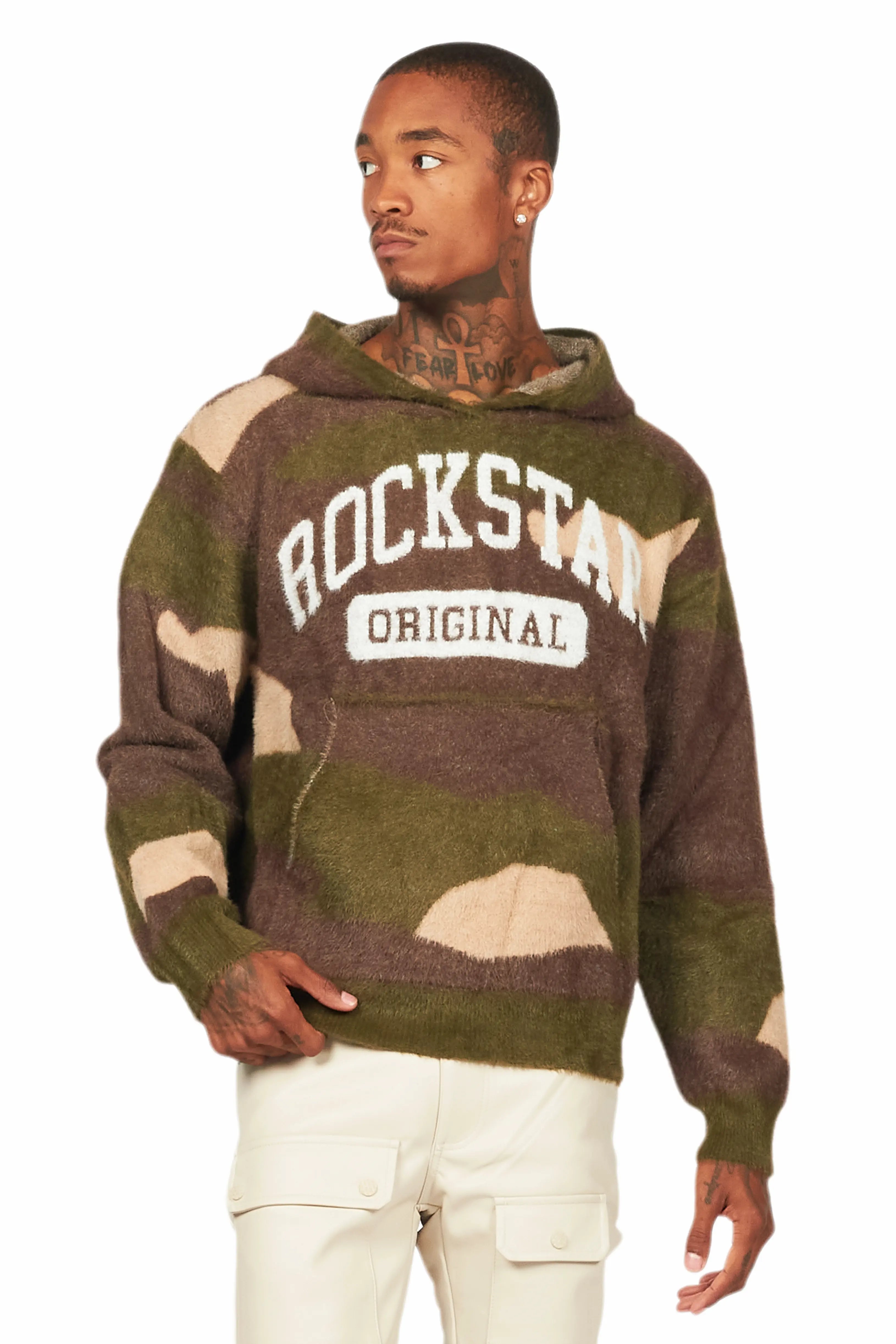 hoodies for men for working out -Damodar Green Camo Knitted Mohair Hoodie