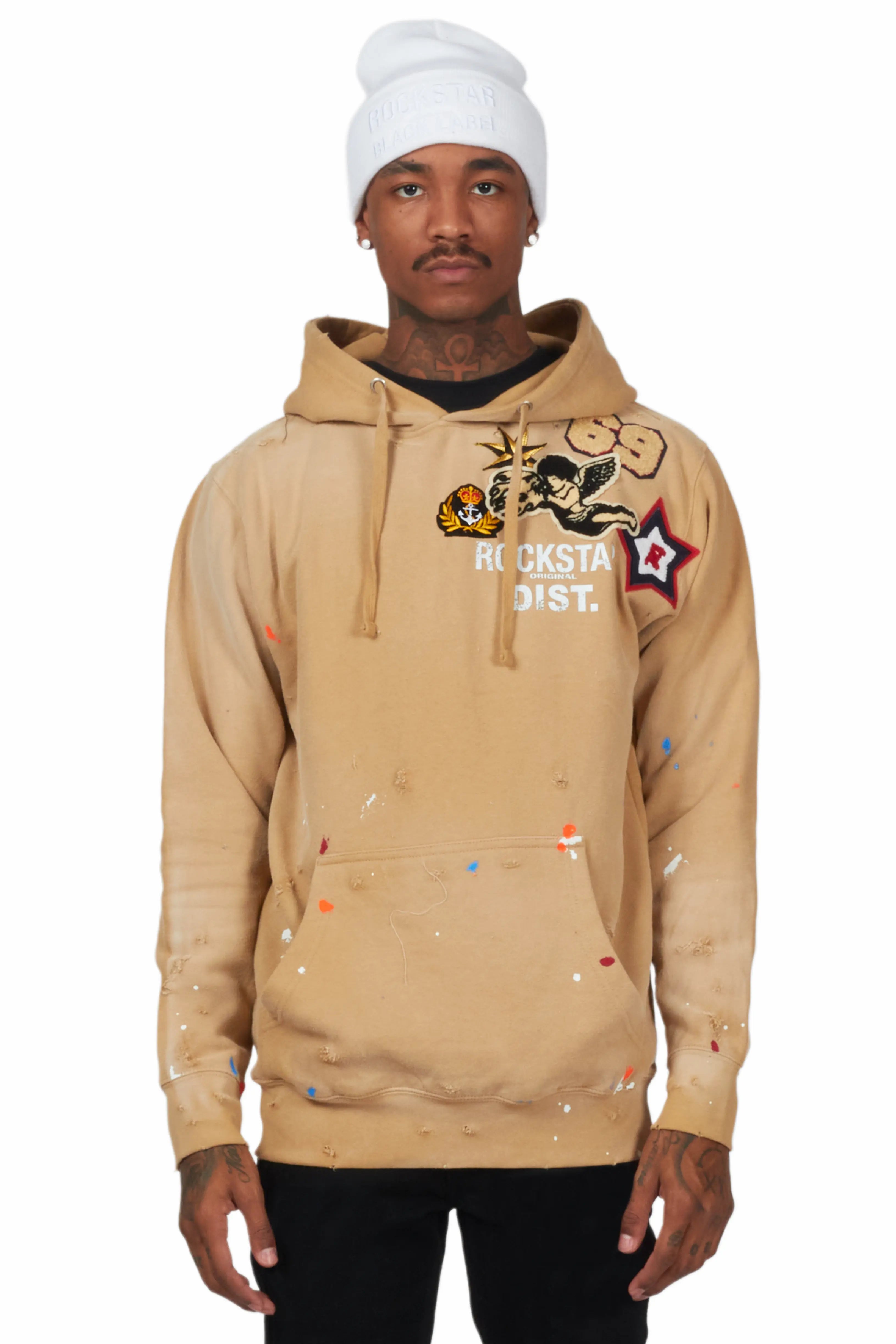 men's zippered sweatshirts -Samuel Beige Patchwork Graphic Hoodie