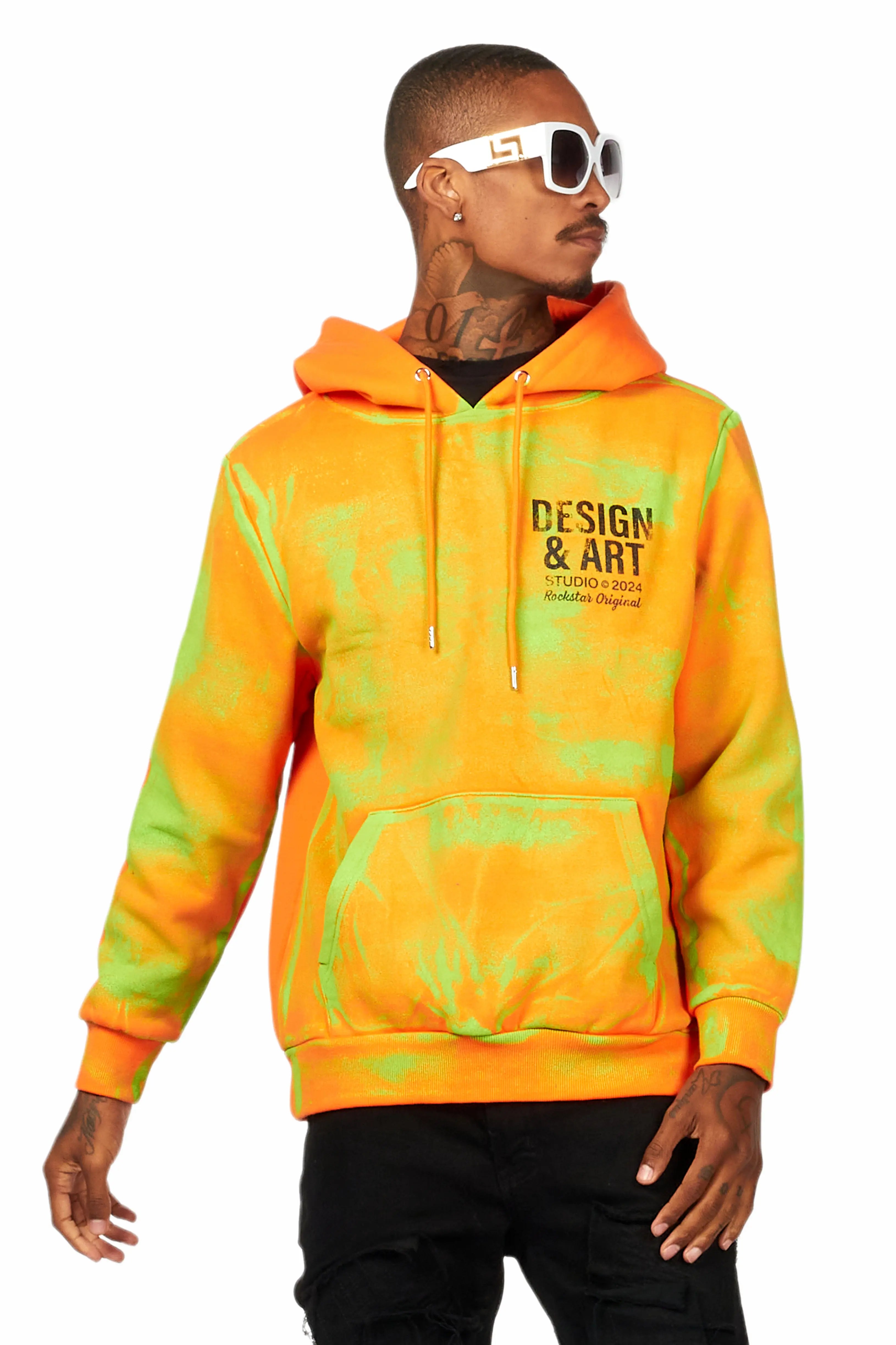 sleek sweatshirts for men -Cano Orange/Green Graphic Hoodie