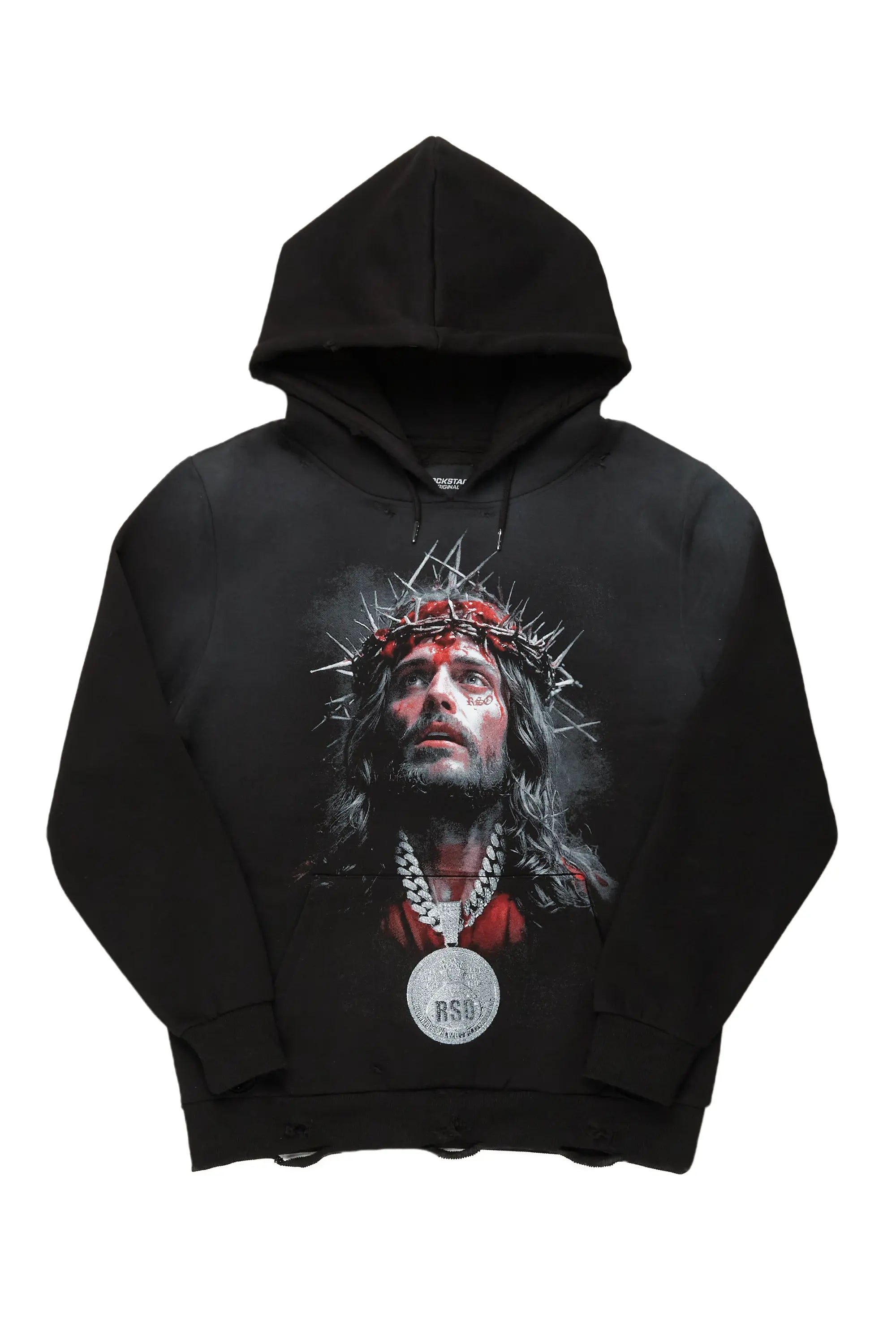 zip-up sweatshirts for men -Amina Black Distressed Graphic Hoodie