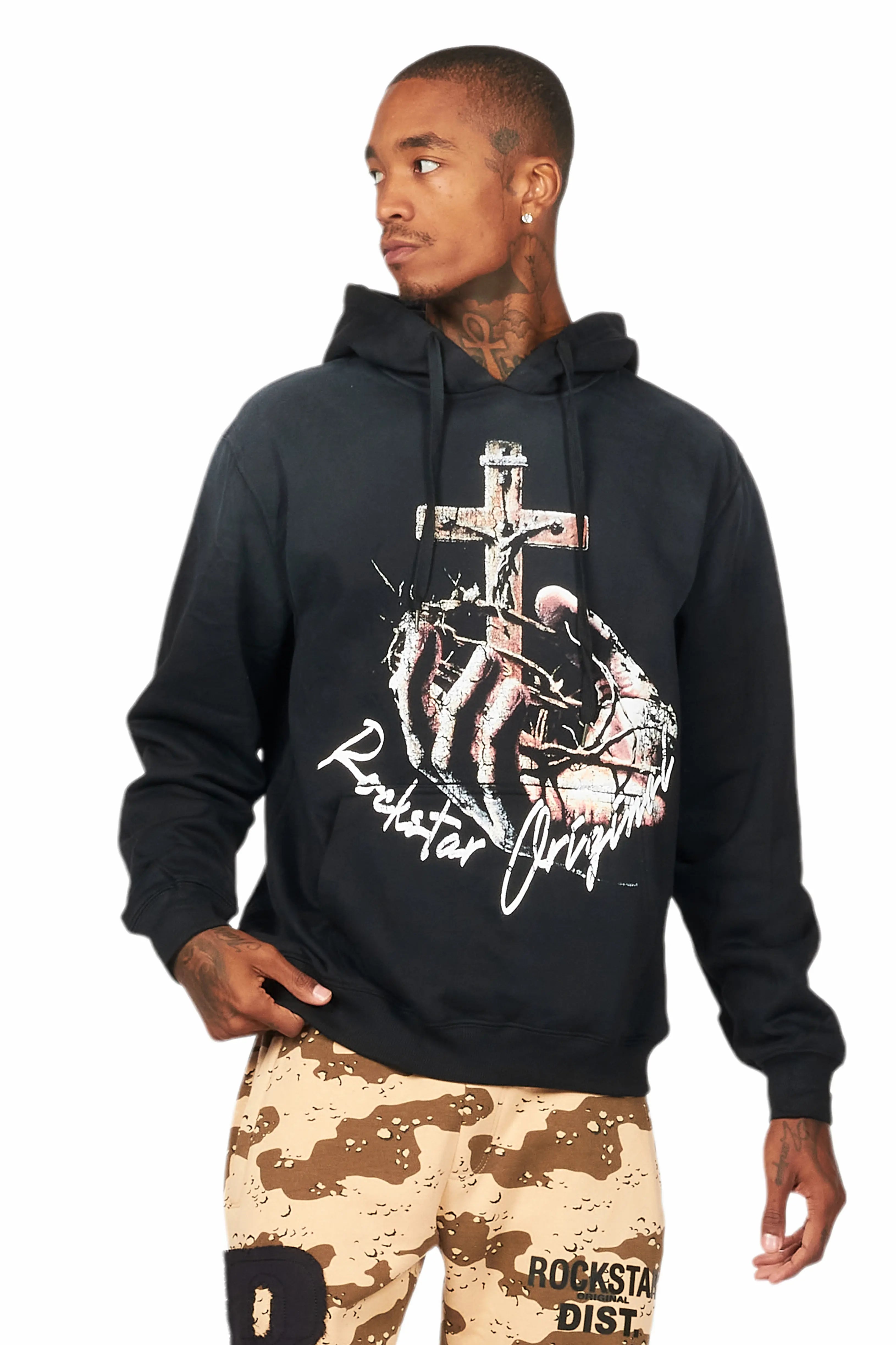 custom hoodie sweatshirts for men -Kateo Black Graphic Distressed Hoodie