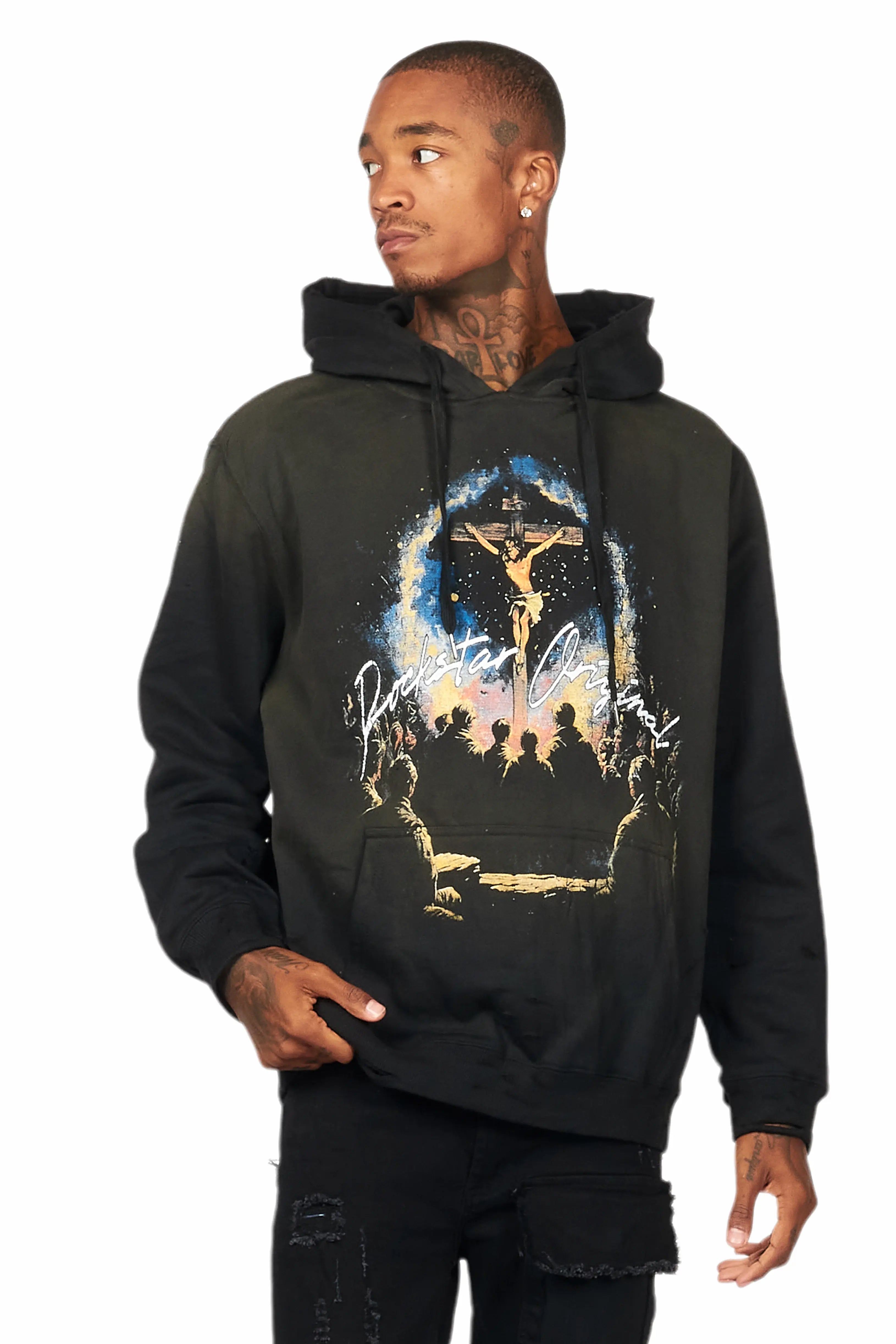 men's long sleeve sweatshirts -Lajos Black Graphic Hoodie