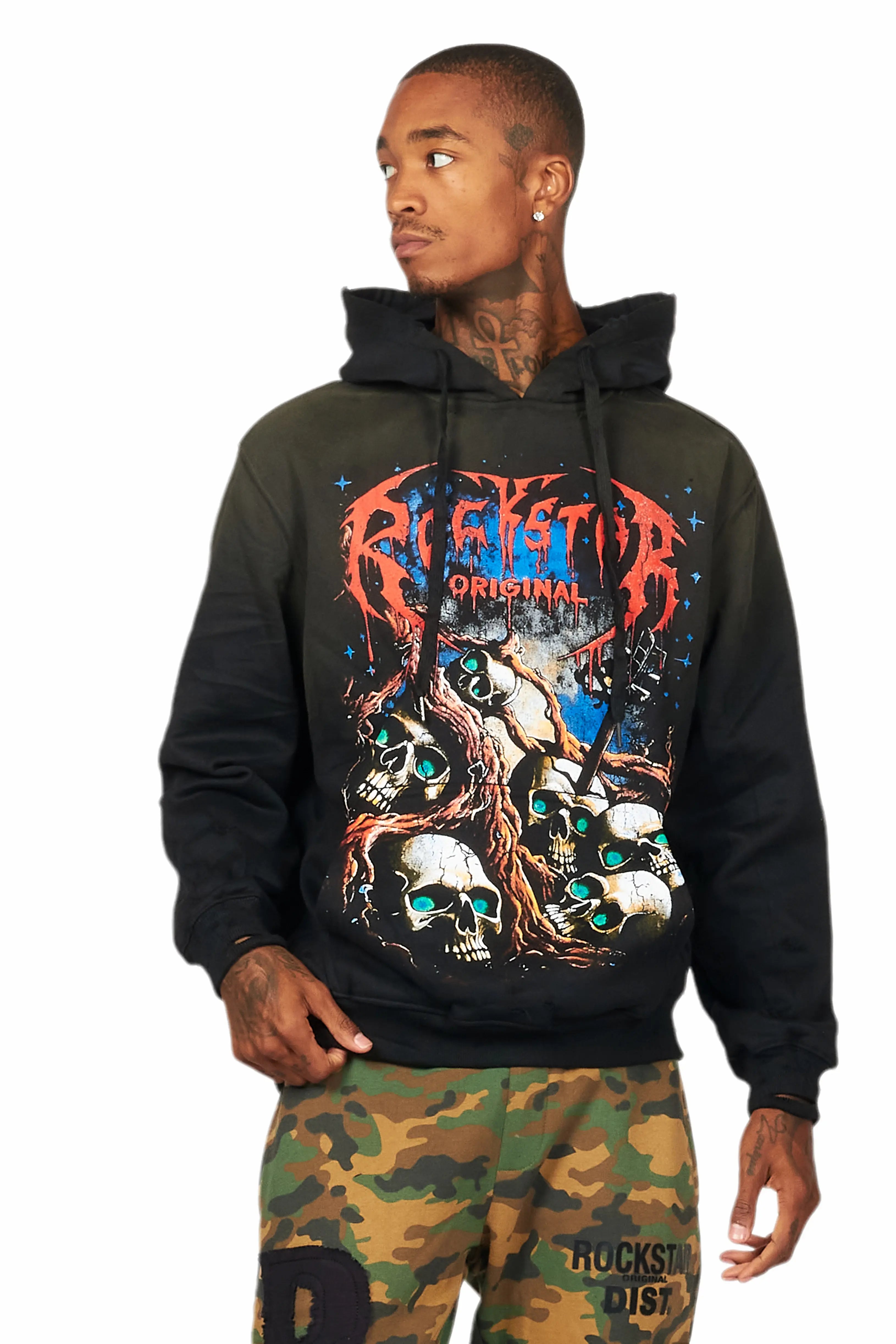 workout sweatshirts for men -Cappy Black Graphic Distressed Hoodie