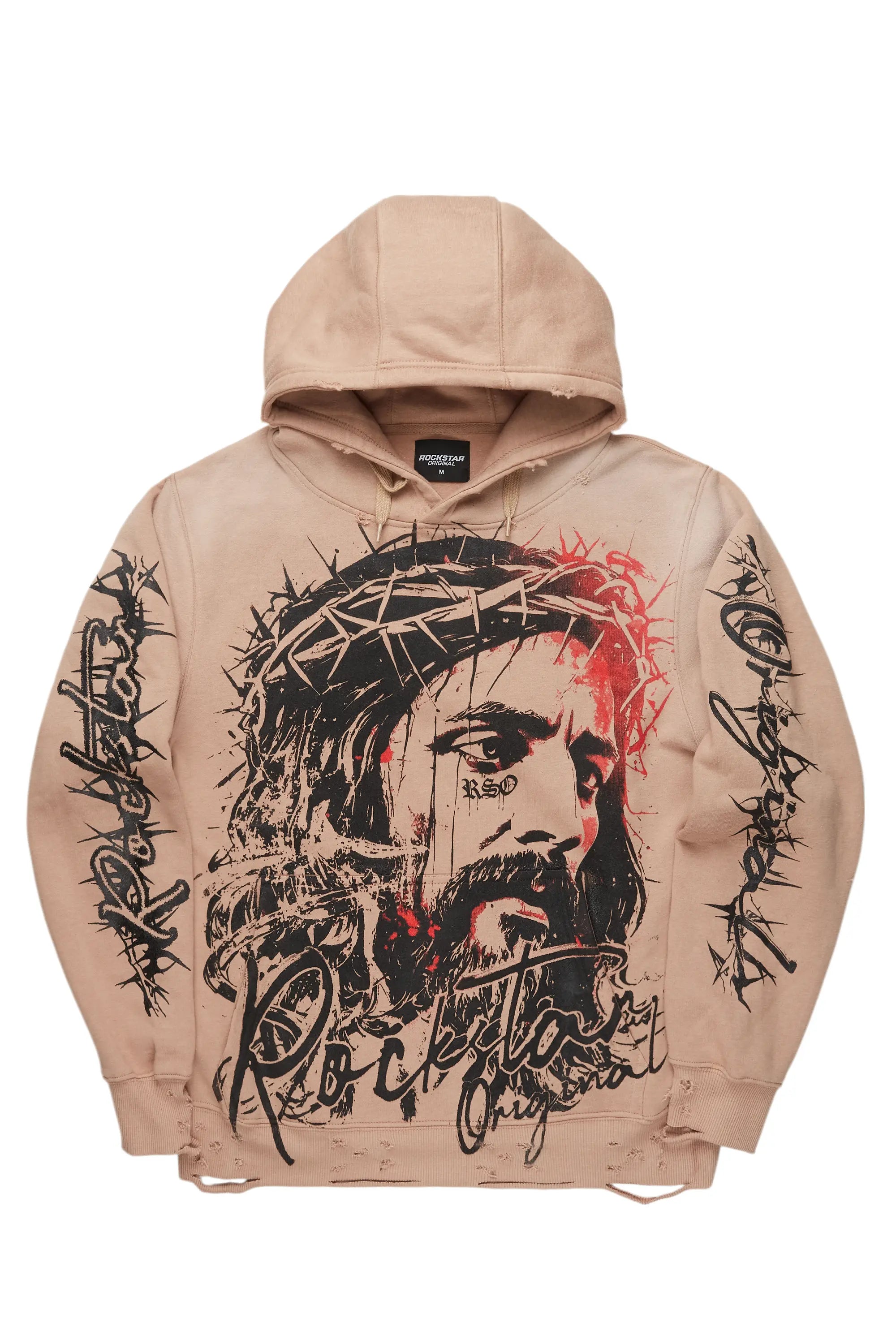 men's hoodies for winter -Bedros Khaki Graphic Distressed Hoodie