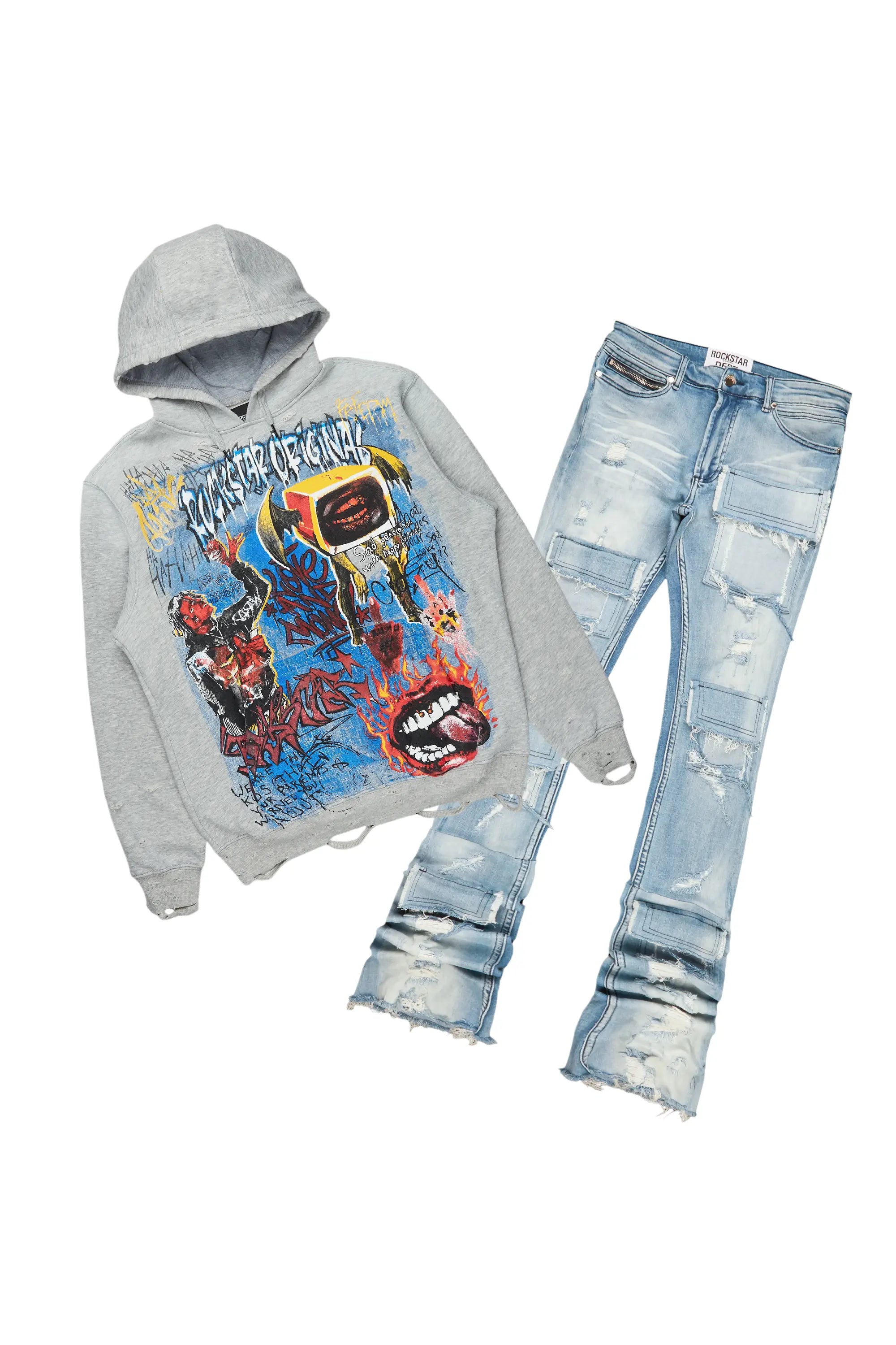 Yooz Grey Hoodie & Pooja Blue Super Stacked Flare Jean Bundle