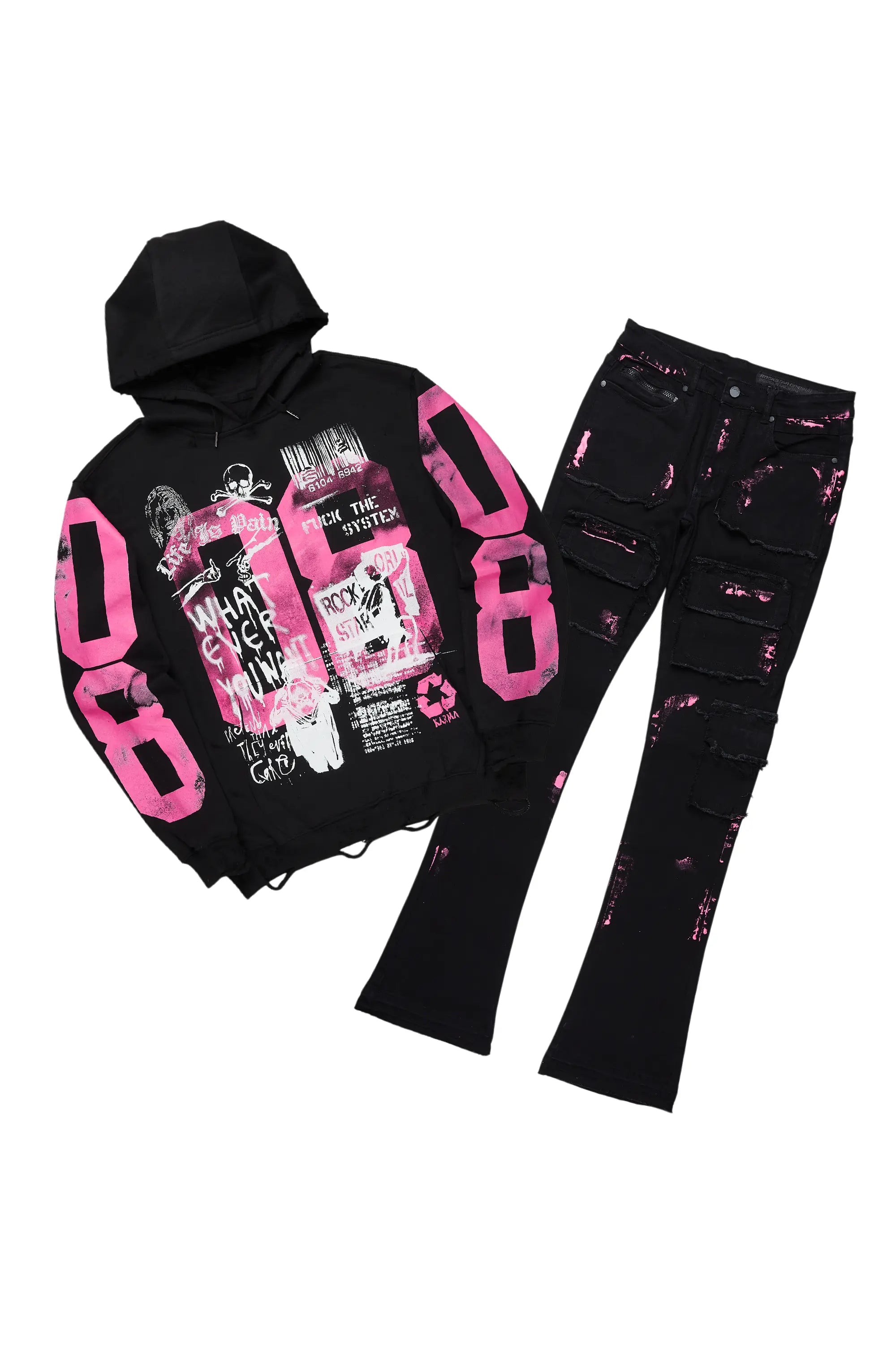 Grill Black/Pink Hoodie/Stacked Flare Jean Bundle