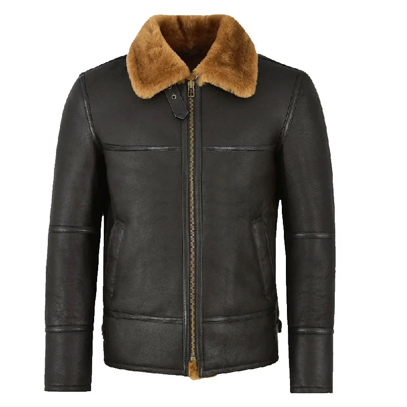 men's biker jackets -Shearling Aviator Black Bomber Leather Jacket Men's