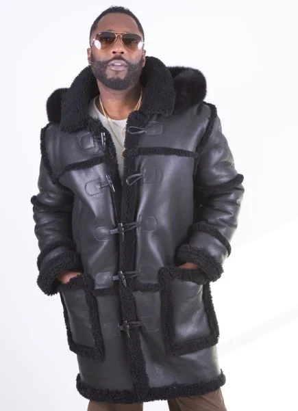 men's peacoats for casual wear -Sheepskin Long Jacket Toggle Closer with Hood and Fur Style #4100