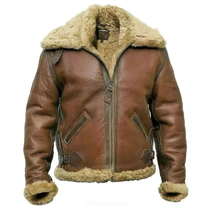 men's jean jackets -Stanley Men's Artificial Fur Lined Bomber Leather Jacket Brown