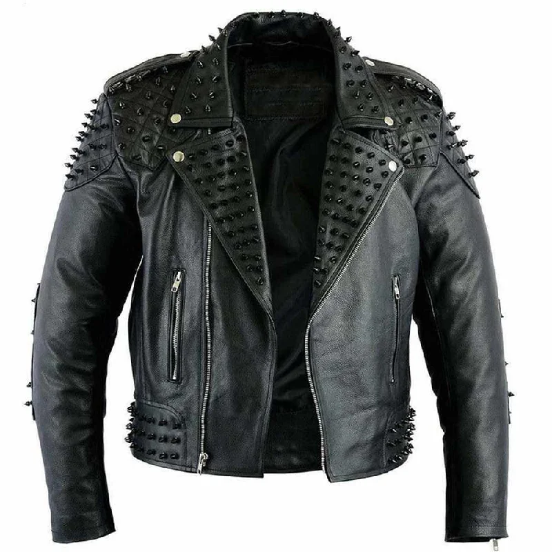 men's stylish jackets -Studded Biker Black Leather Jacket