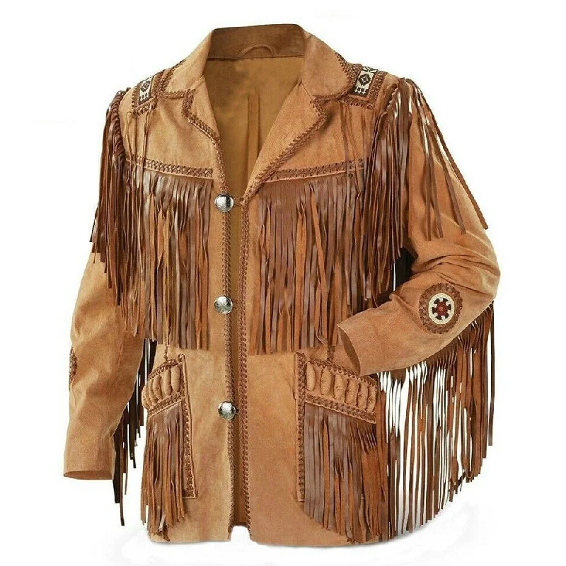 denim jackets for men -Tan Brown Cowboy Western Leather Fringes Jacket Mens