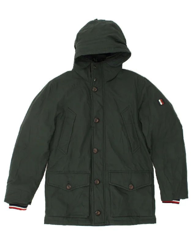 men's formal jackets -TOMMY HILFIGER Mens Graphic Hooded Padded Jacket UK 38 Medium Green Cotton