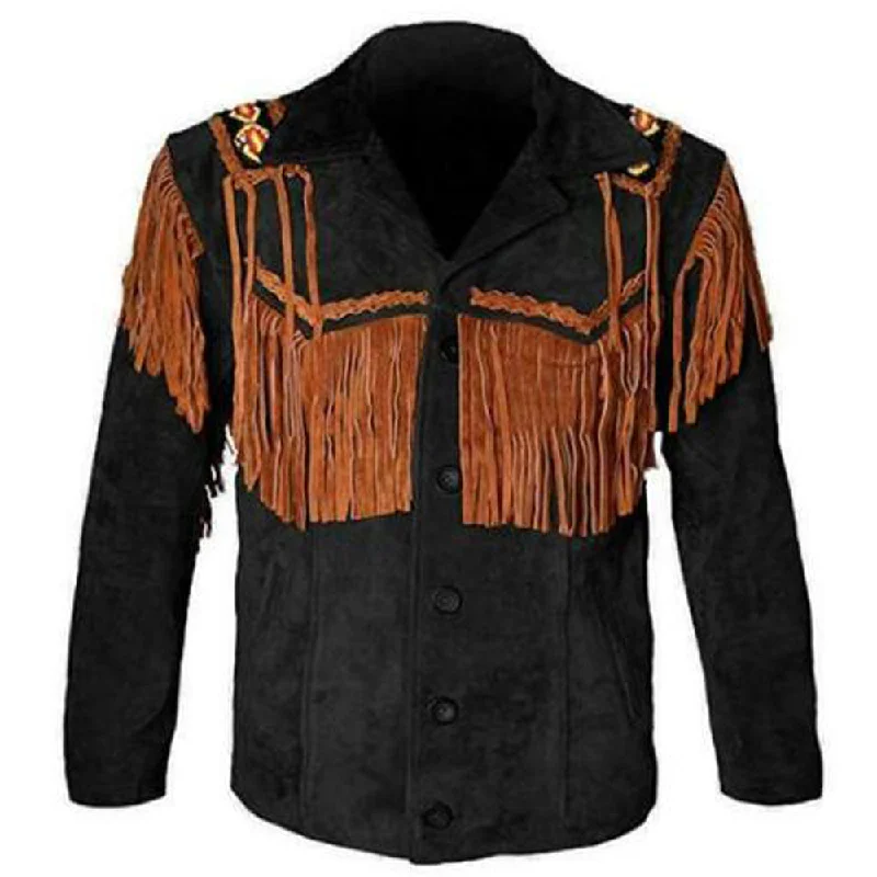 men's jean jackets -Unisex Western Fringe Black Leather Jacket