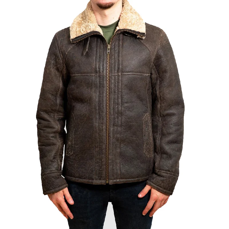 men's casual zippered jackets -Vintage Chocolate Brown B3 Bomber Aviator Shearling Leather Jacket