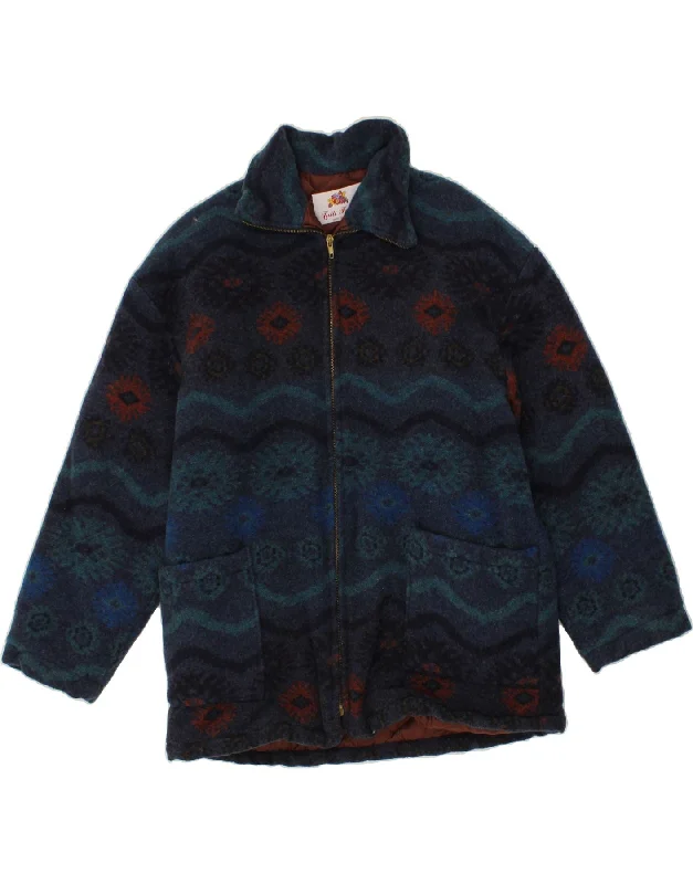 men's wool-blend trench coats -trendy hoodie sweatshirts -VINTAGE Mens Abstract Pattern Bomber Jacket UK 36 Small Navy Blue Wool