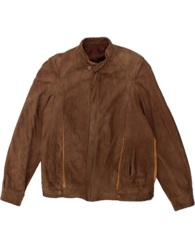 men's outdoor jackets -VINTAGE Mens Bomber Suede Jacket IT 50 Large Brown Colourblock Leather