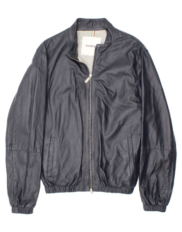 men's fleece-lined zip-up jackets -VINTAGE Mens Leather Jacket UK 38 Medium Navy Blue Leather