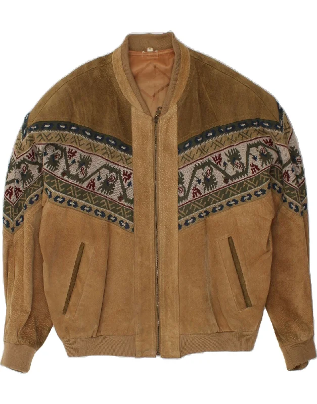 men's stylish jackets -high-quality sweatshirts for men -VINTAGE Mens Suede Bomber Jacket UK 38 Medium Brown Fair Isle Leather