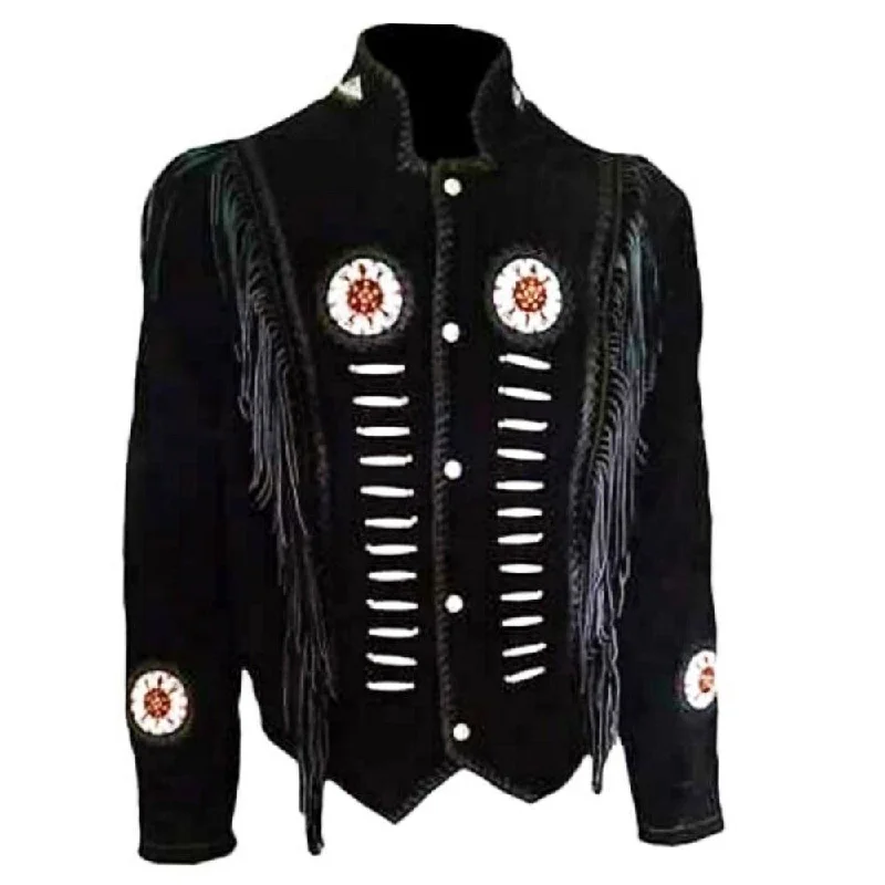 men's trench coats -Western Black Leather Bones/Beads Jacket