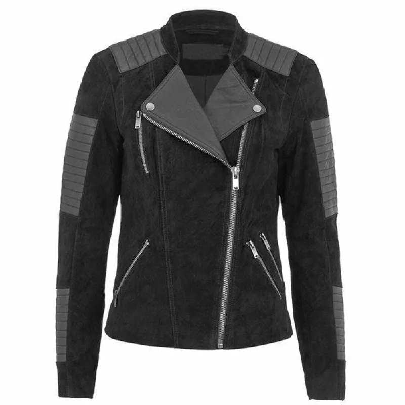 men's padded puffer jackets -Women Black Nubuck Leather Motorcycle Fashion Jacket