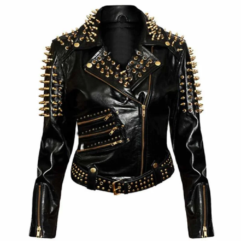 men's double-breasted jackets -Women Gold Studded Biker Fashion Black Leather Jacket