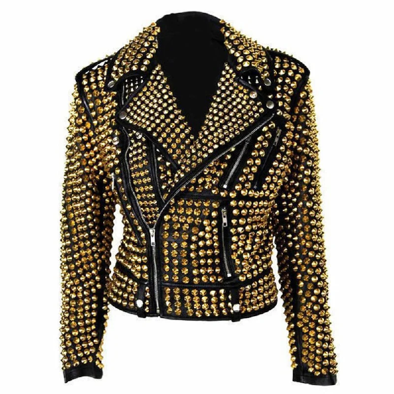 men's peacoats -Studded Leather Golden Heavy Metal Jacket