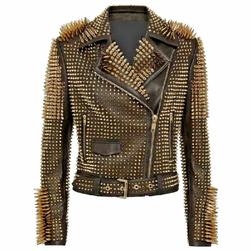 men's hooded jackets -Golden Studded Leather Spikes Jacket