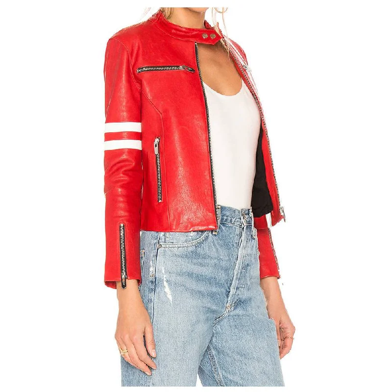 denim jackets for men -Womens Short Body Red Leather Fashion Jacket