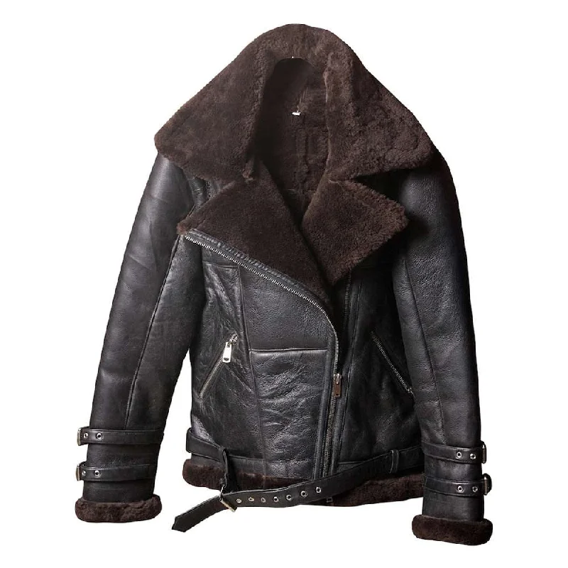 men's varsity jackets with patches -Women Motorcycle Shearling Fur Leather Jacket