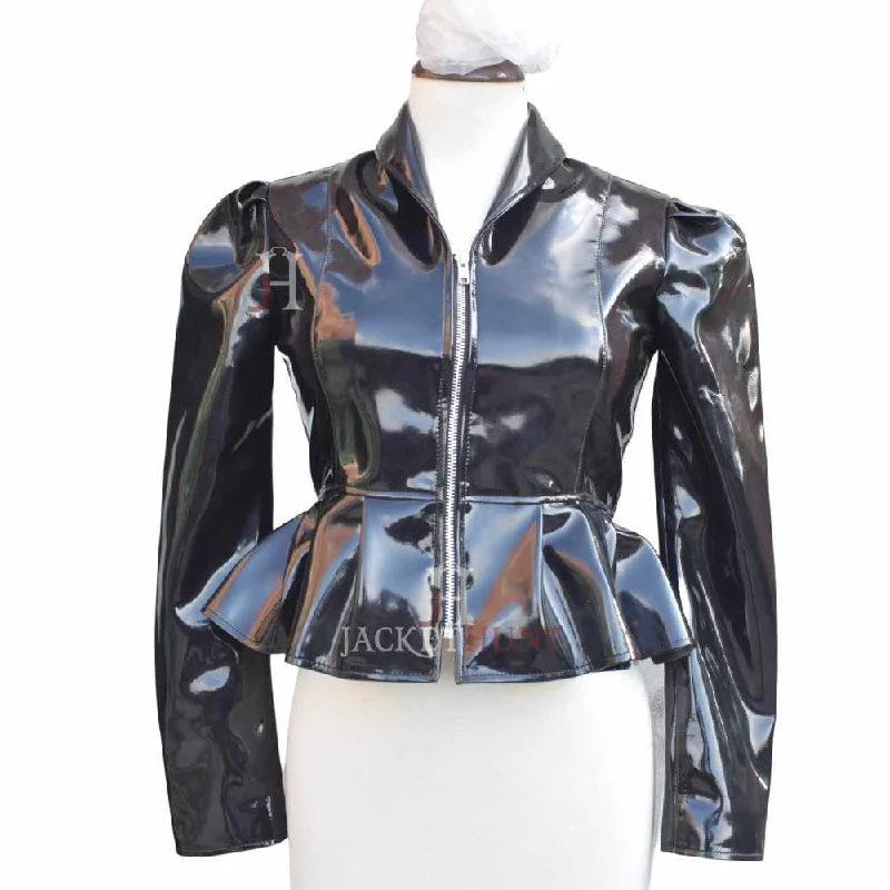 military-inspired jackets for men -Women Night Black Vinyl PVC Leather Mini Dress | Sexy Weetlok Frock Jacket