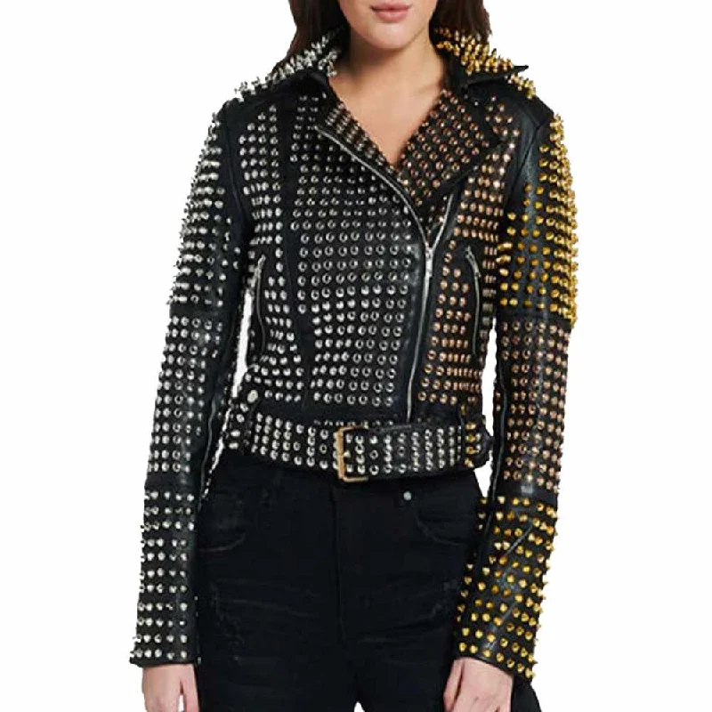 lightweight jackets for men -Golden Silver Studded Leather Jacket