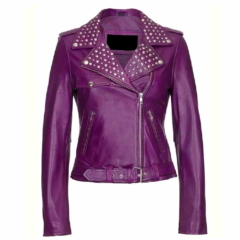 varsity jackets for men -Studded Leather Purple Biker Jacket