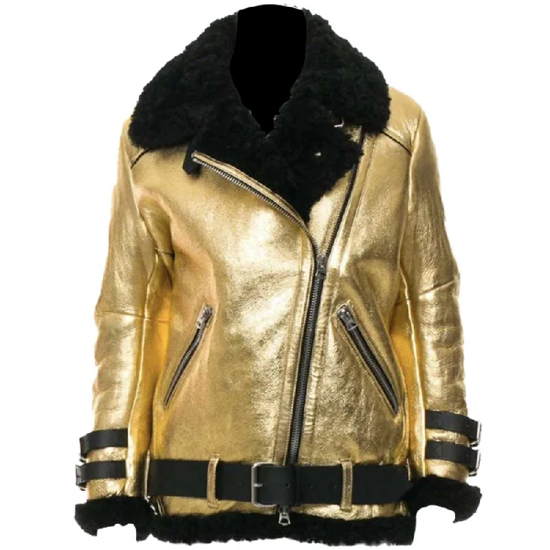 men's outdoor jackets -Women's Golden Leather Aviator Shearling Jacket