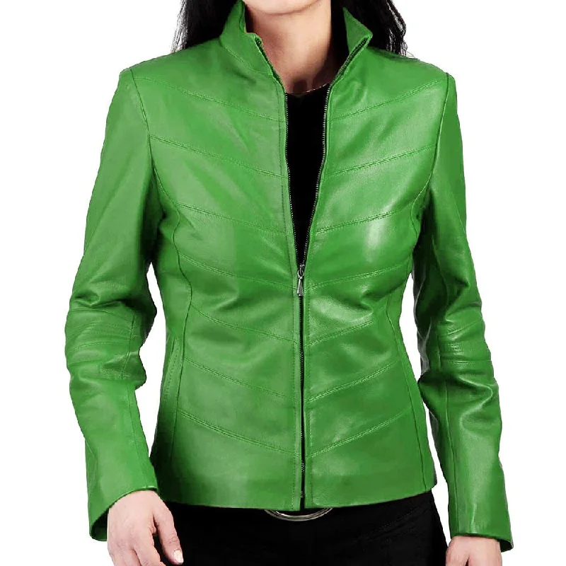 men's cargo jackets -Women Quilted Slim Fit Green Leather Jacket