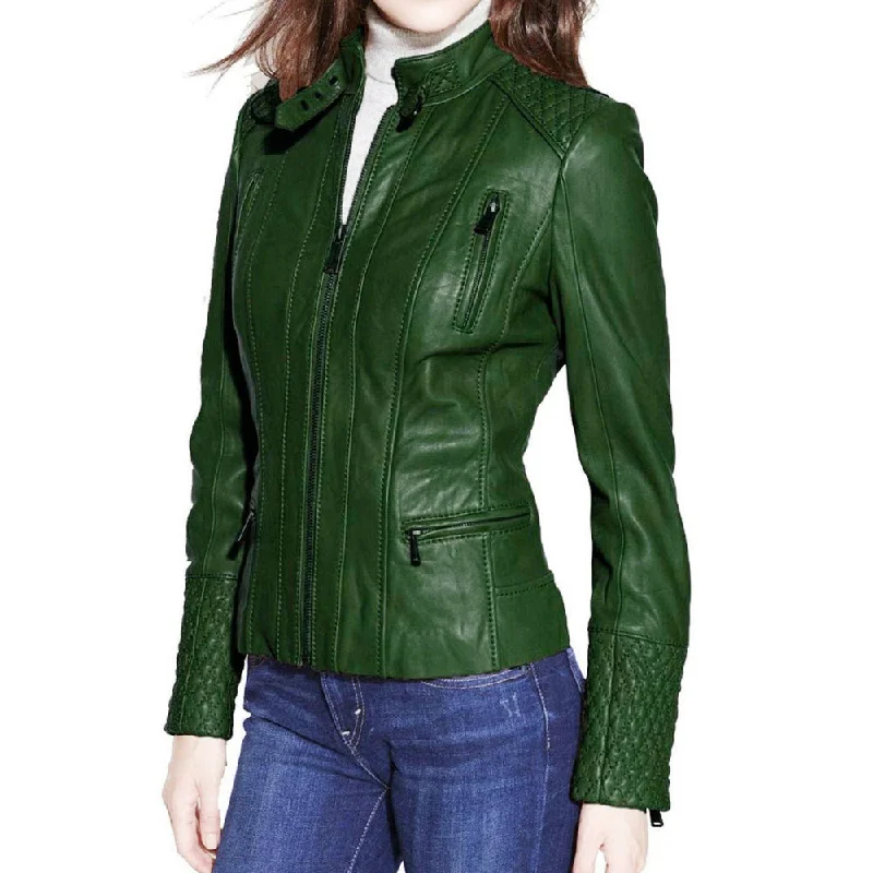 men's fitted jackets -Women Slim Fit Dark Green Leather jacket