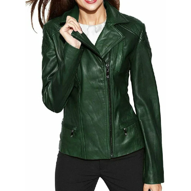 trendy jackets for men -Slim fit Biker Green Leather Jacket