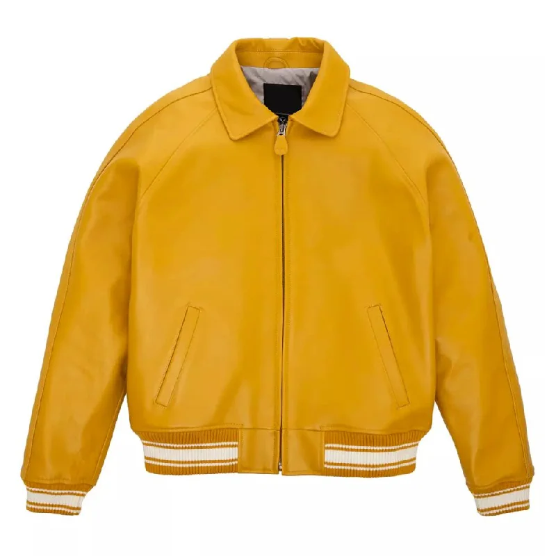 men's parkas for winter -Yellow Bomber Leather Jacket