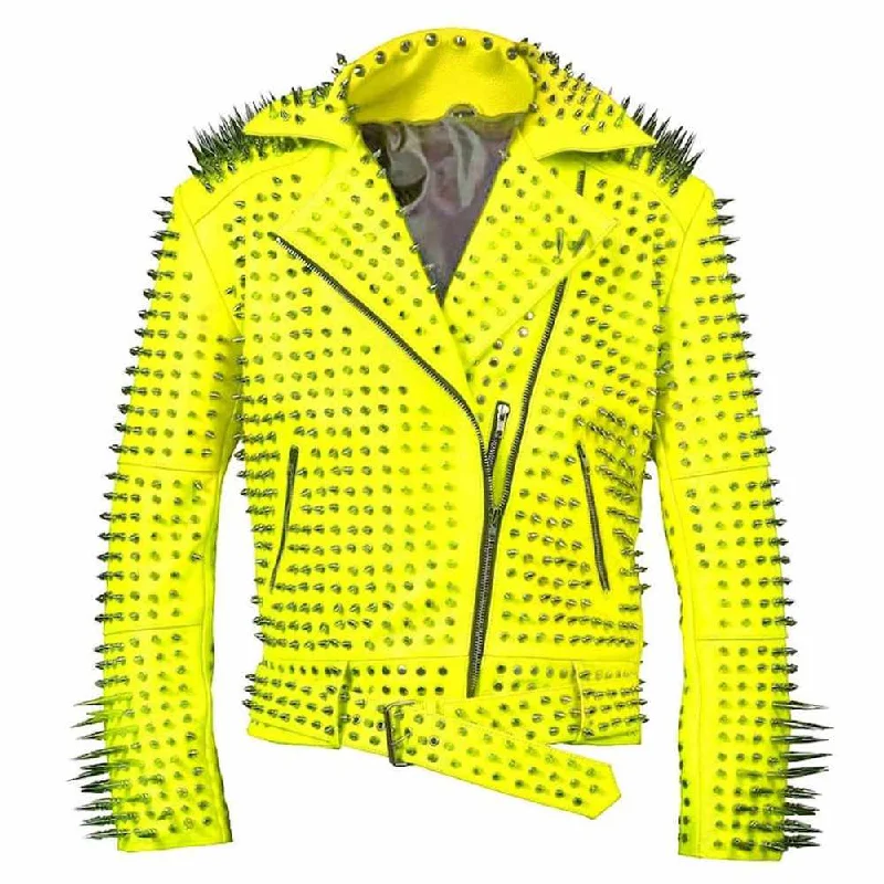 men's plaid jackets -Yellow Brando Spiked Silver Studded Leather Jacket Mens