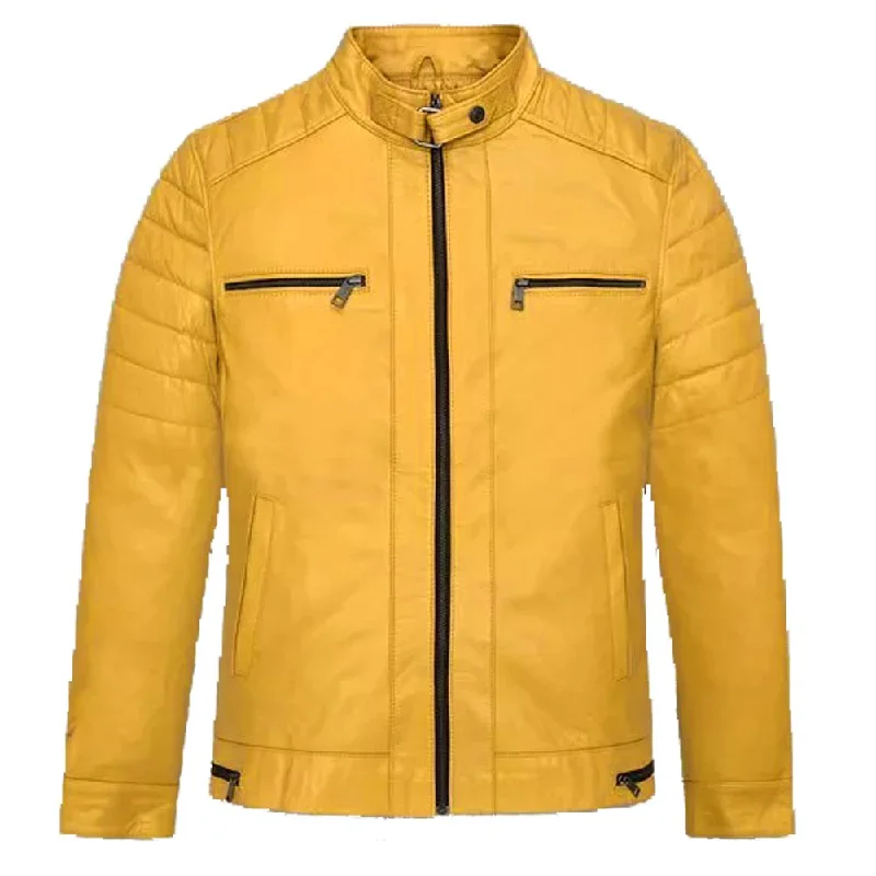 military-inspired jackets for men -Yellow Leather Slim Fit Zipper Jacket