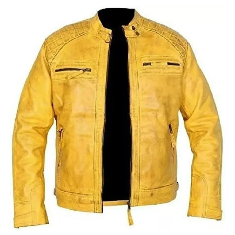 men's field jackets -Yellow Motorcycle WAX Leather Jacket