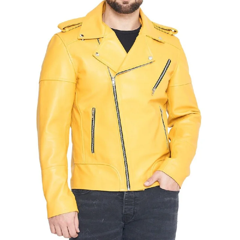 men's trench coats for rain -Yellow Slim Fit Real Leather Jacket