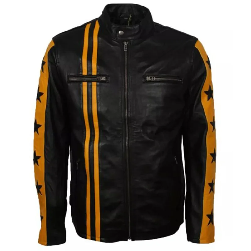 men's motorcycle jackets -Yellow Star Cafe Racer Black Leather Jacket