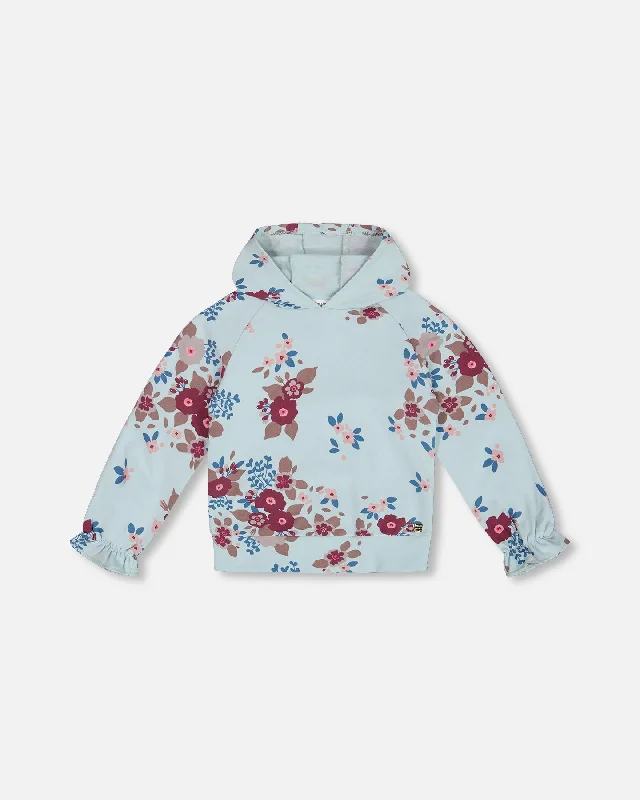 Fleece Hoodie Light Blue Printed Big Flowers