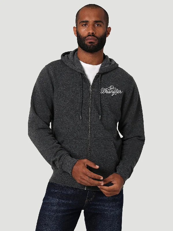 cotton hoodies for men -Men's Wrangler Vintage Logo Full Zip Hoodie In Caviar Heather